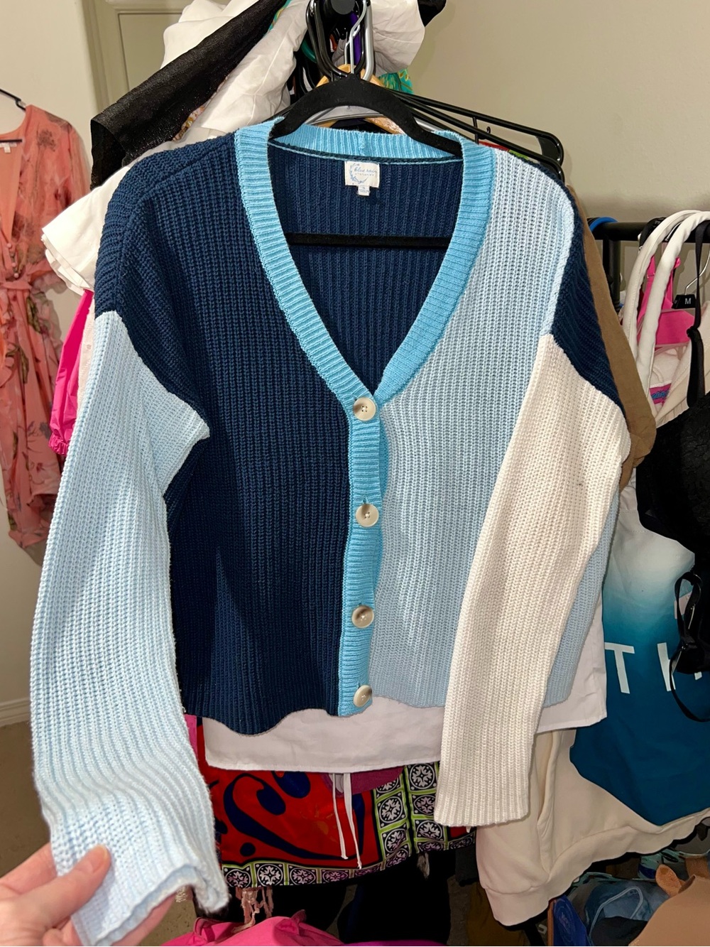 Blue Rain Navy, Light Blue & White Colorblock V-Neck Cardigan